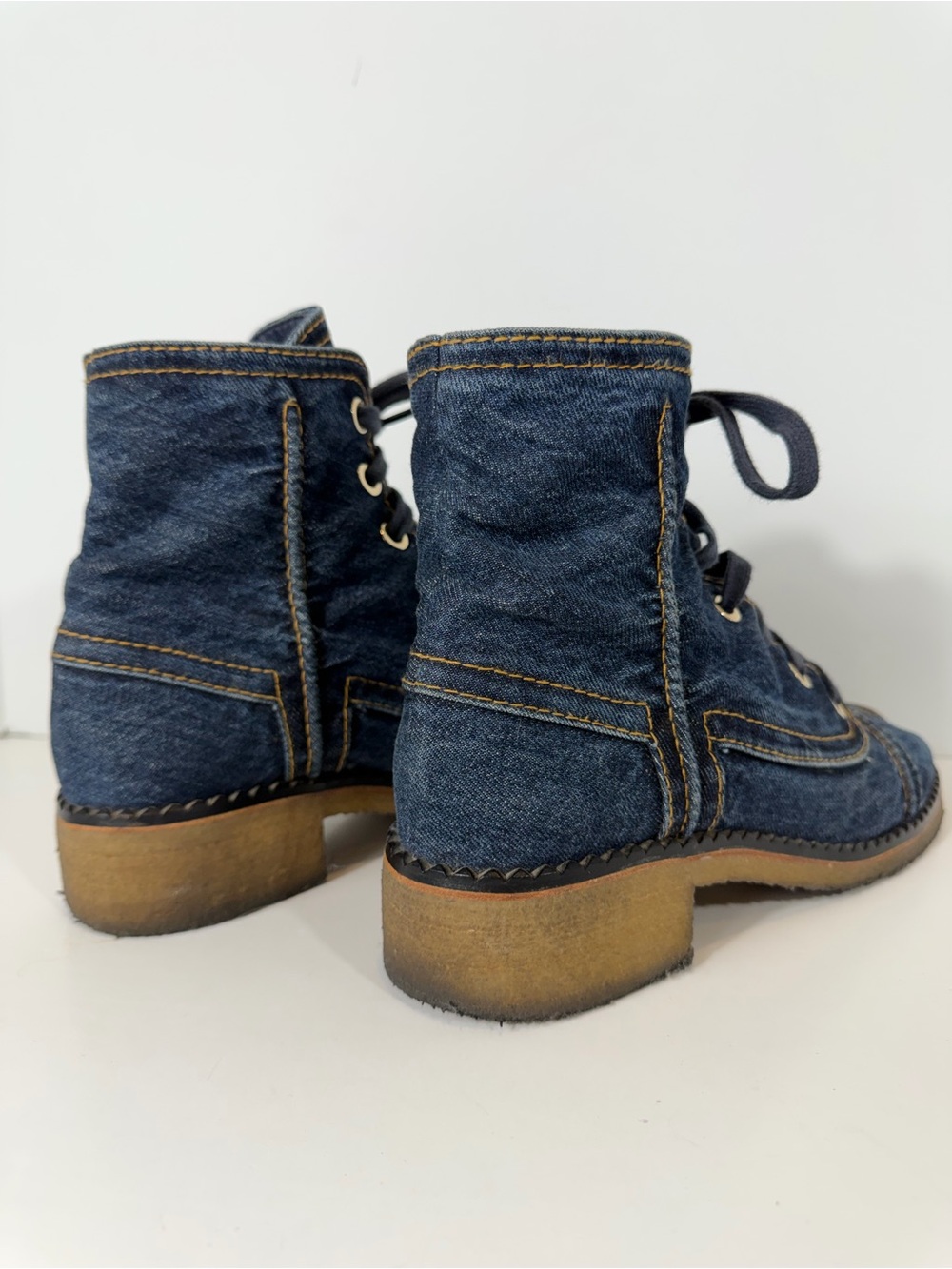 CHANEL Denim Lace Up Ankle Boots CC Logo Size 10 EU 40 Blue Jean Boots - Picture 5 of 13